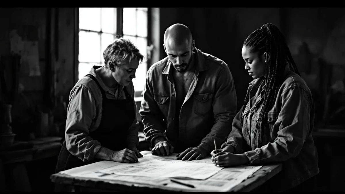 Three workers collaborating, representing team synergy vs teamwork