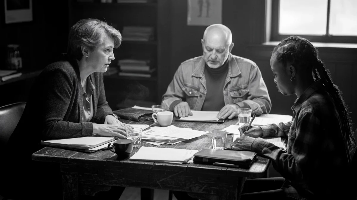 Four colleagues discussing team synergy around a worn wooden table