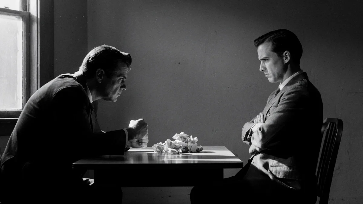 Two people mid-conflict in negotiation, tense body language