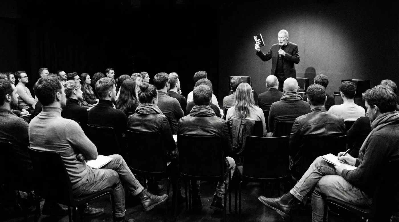 Eamon Blackthorn presenting his book Say It Right Every Time to a seated audience in a darkened venue