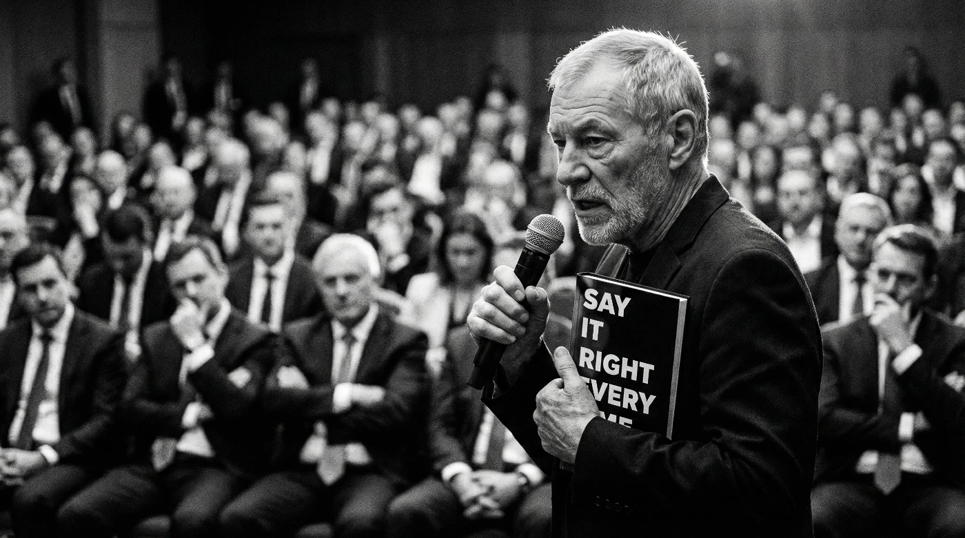 Eamon Blackthorn speaking into a microphone while holding his book Say It Right Every Time before a large suited audience