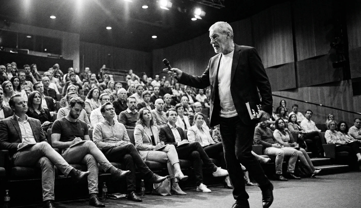 Eamon Blackthorn pacing the stage with a microphone before a packed tiered auditorium audience
