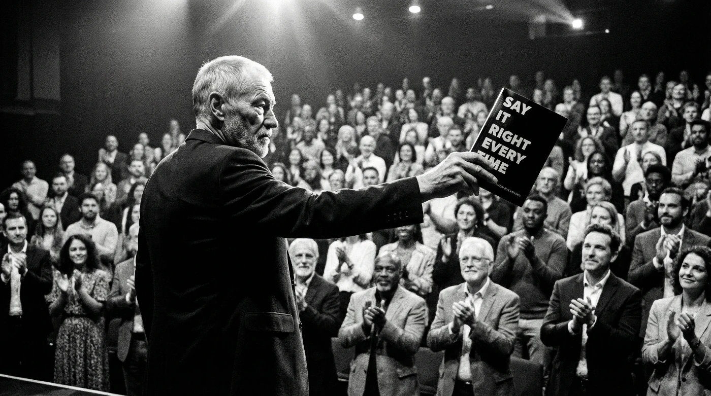 Eamon Blackthorn raising Say It Right Every Time toward a standing, applauding auditorium under stage lighting